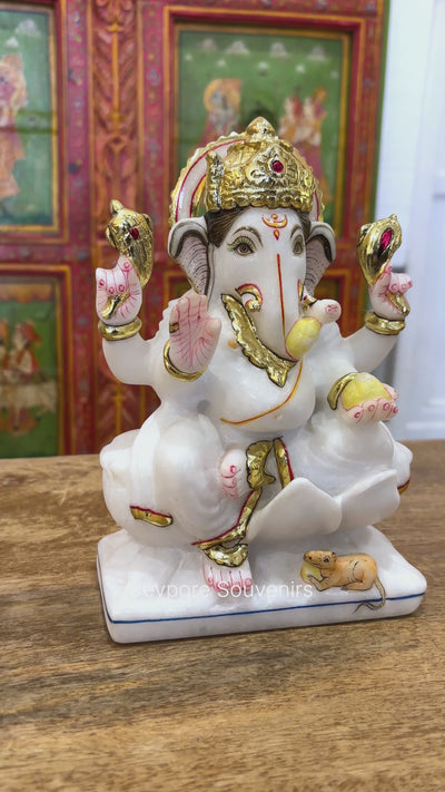 8" Handcrafted White Marble Lord Ganesha Idol with Real Gold Leaf Work