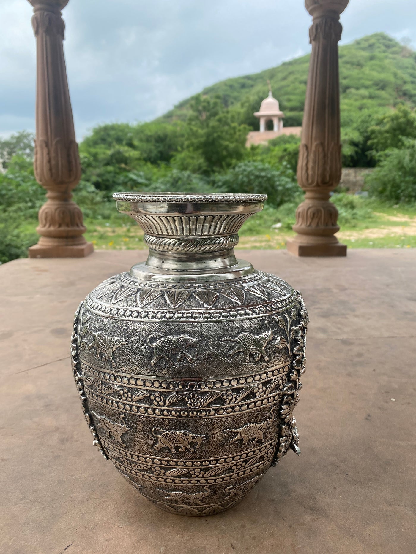 Silver Hand Carved Vase depicting Lord Ganesha and Goddess Laxmi