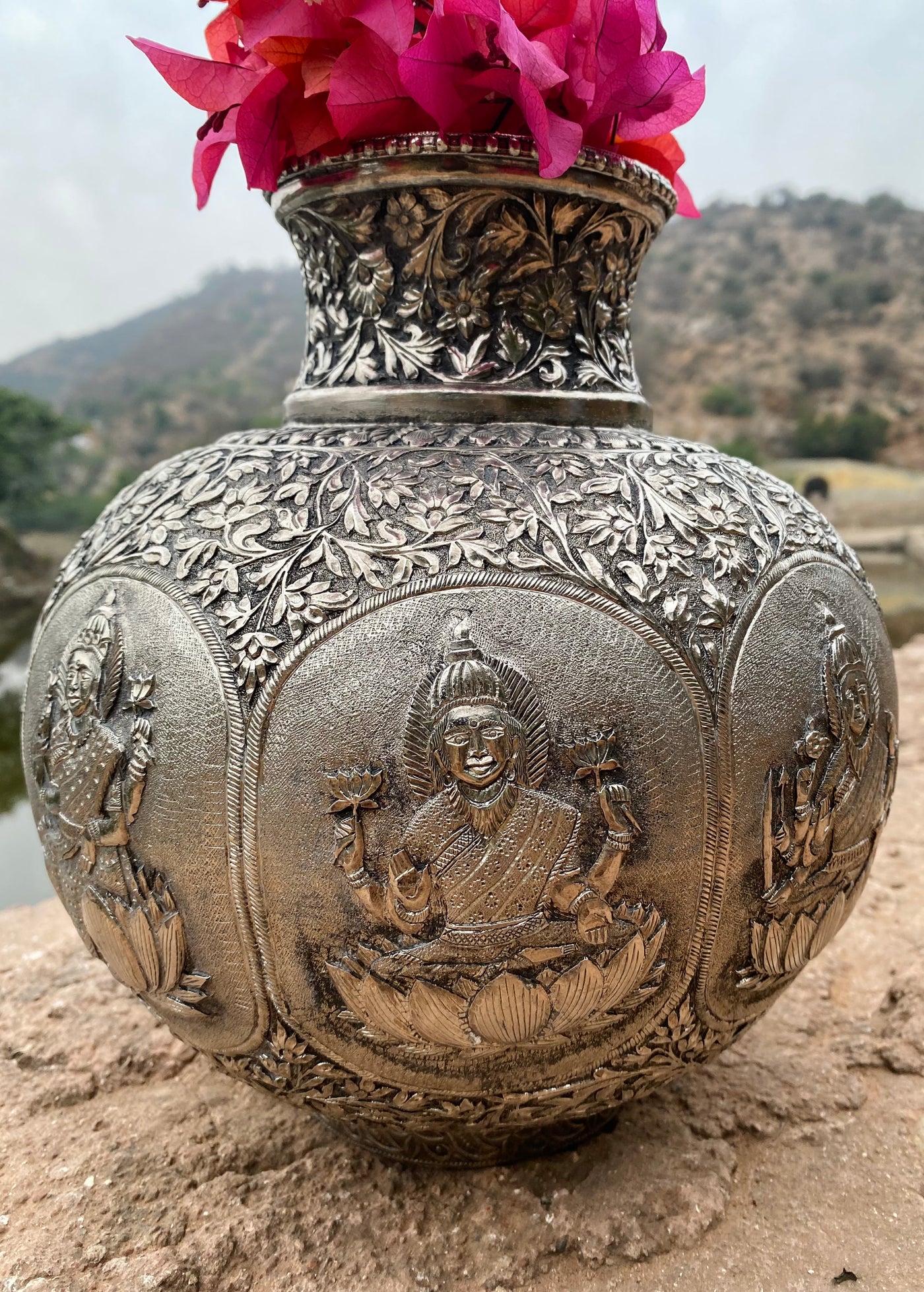 Silver Hand Carved Vase depicting Goddess Laxmi