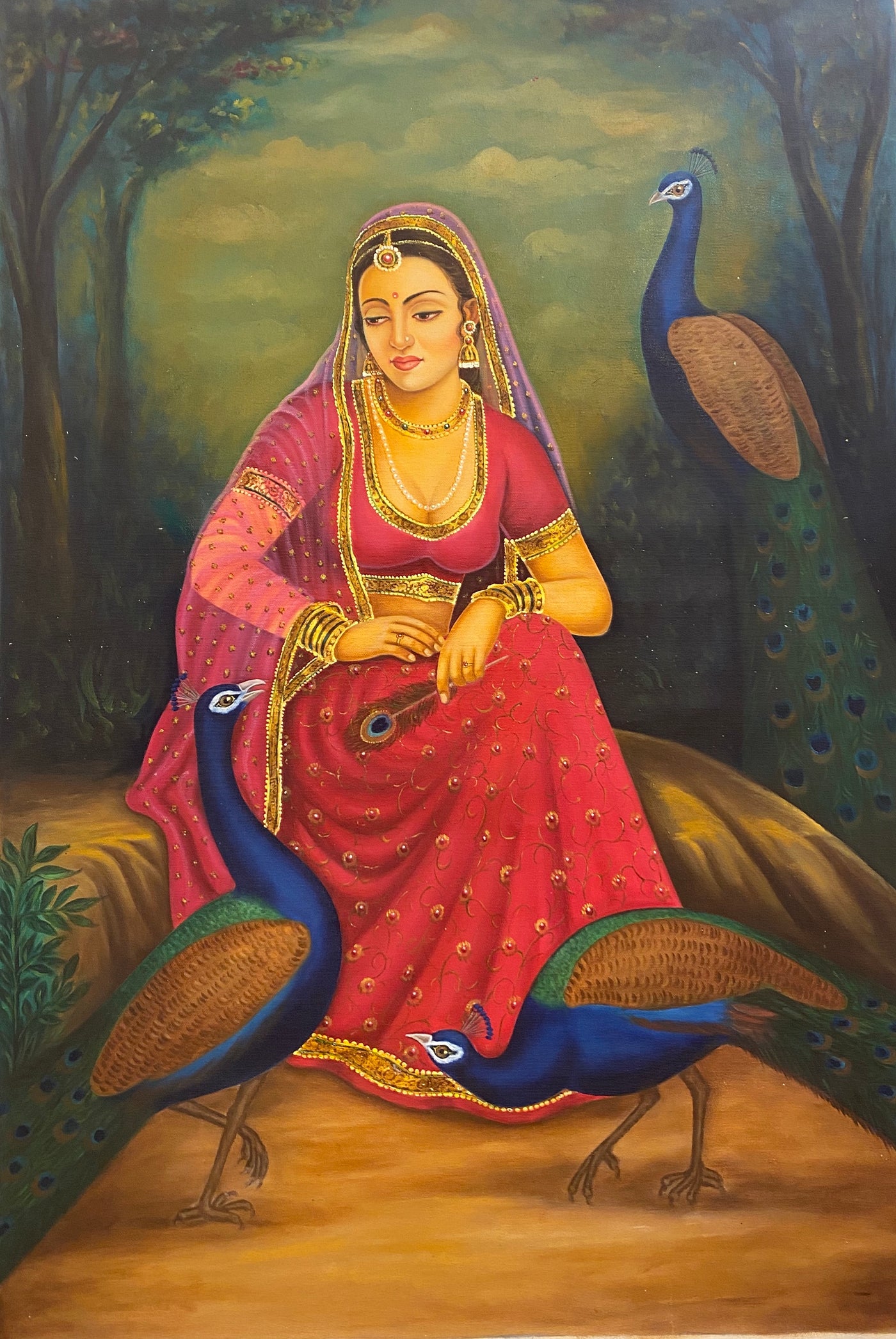 Lady with peacocks - Hand Made Canvas Painting