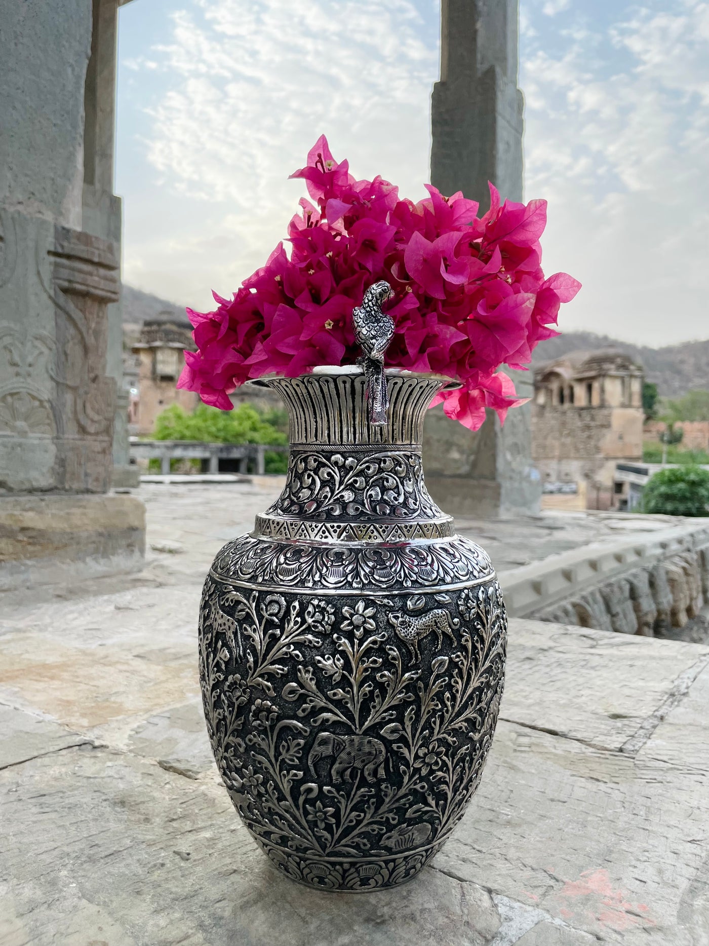 Copper Silver Hand Carved Vase with floral motifs