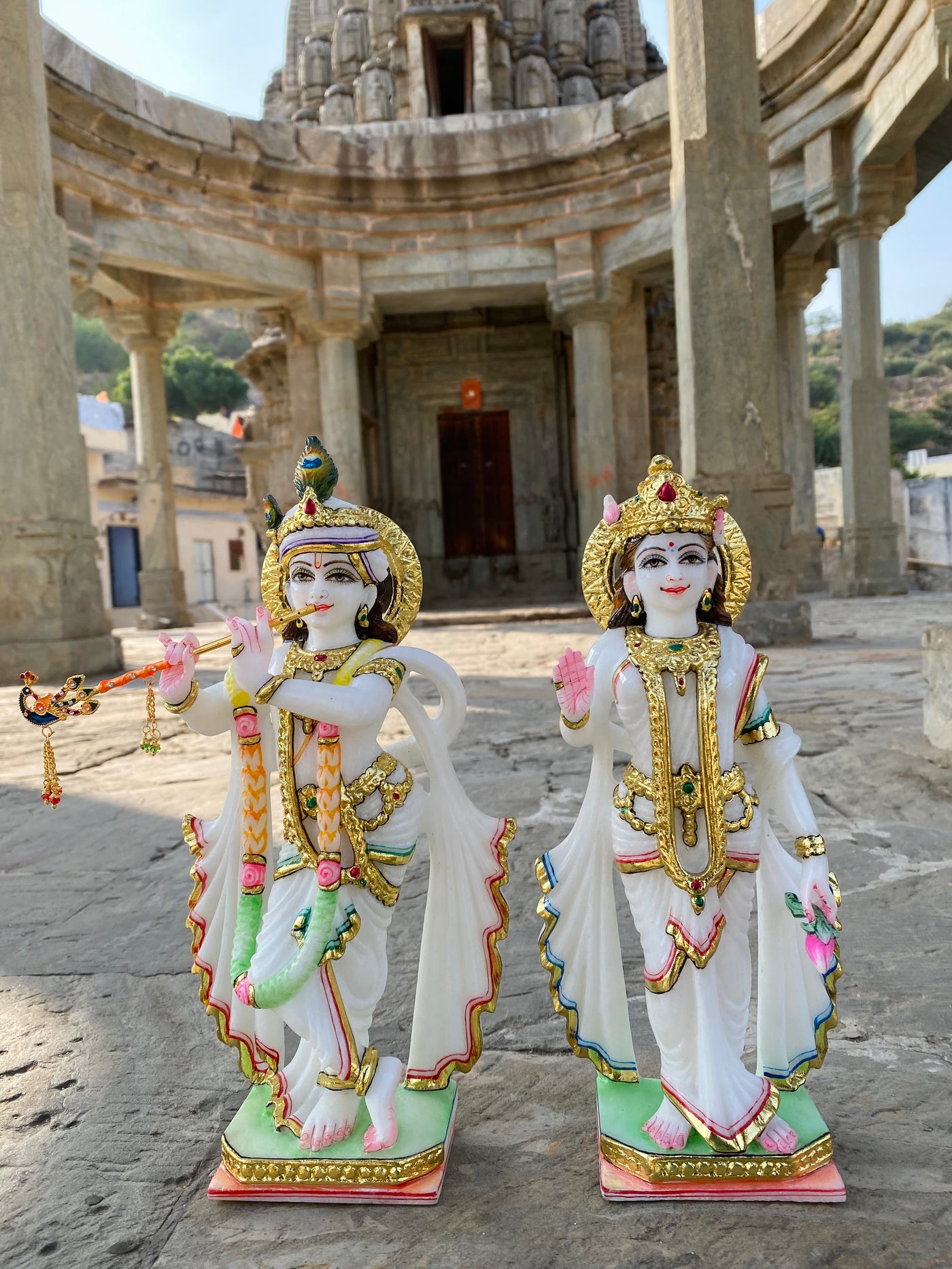 Pair of 12 inches Radha Krishna Statue in White Marble