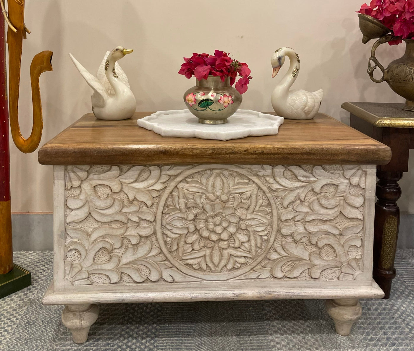 Hand carved small wooden storage trunk/chest