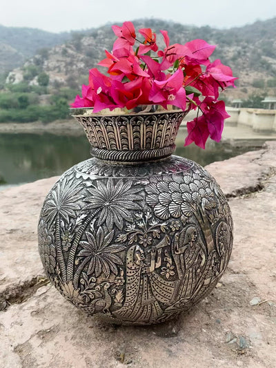 Silver Hand Carved Vase depicting Radha and Krishna