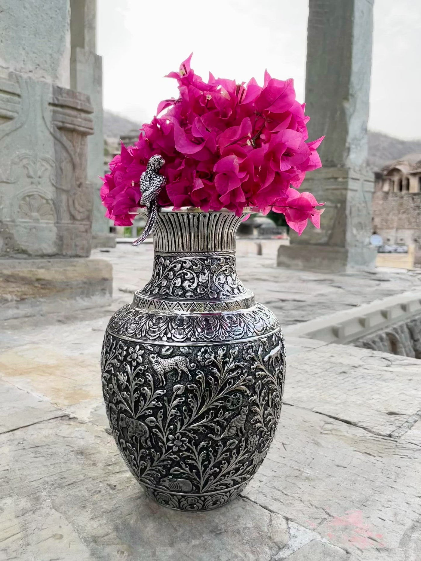 Copper Silver Hand Carved Vase with floral motifs