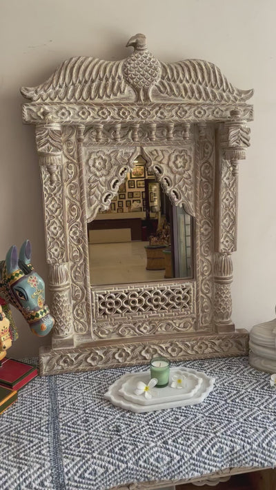 Hand carved Single Jharokha Wall mirror with Eagle top