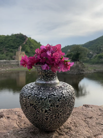 Copper Silver Hand Carved Vase with floral motifs