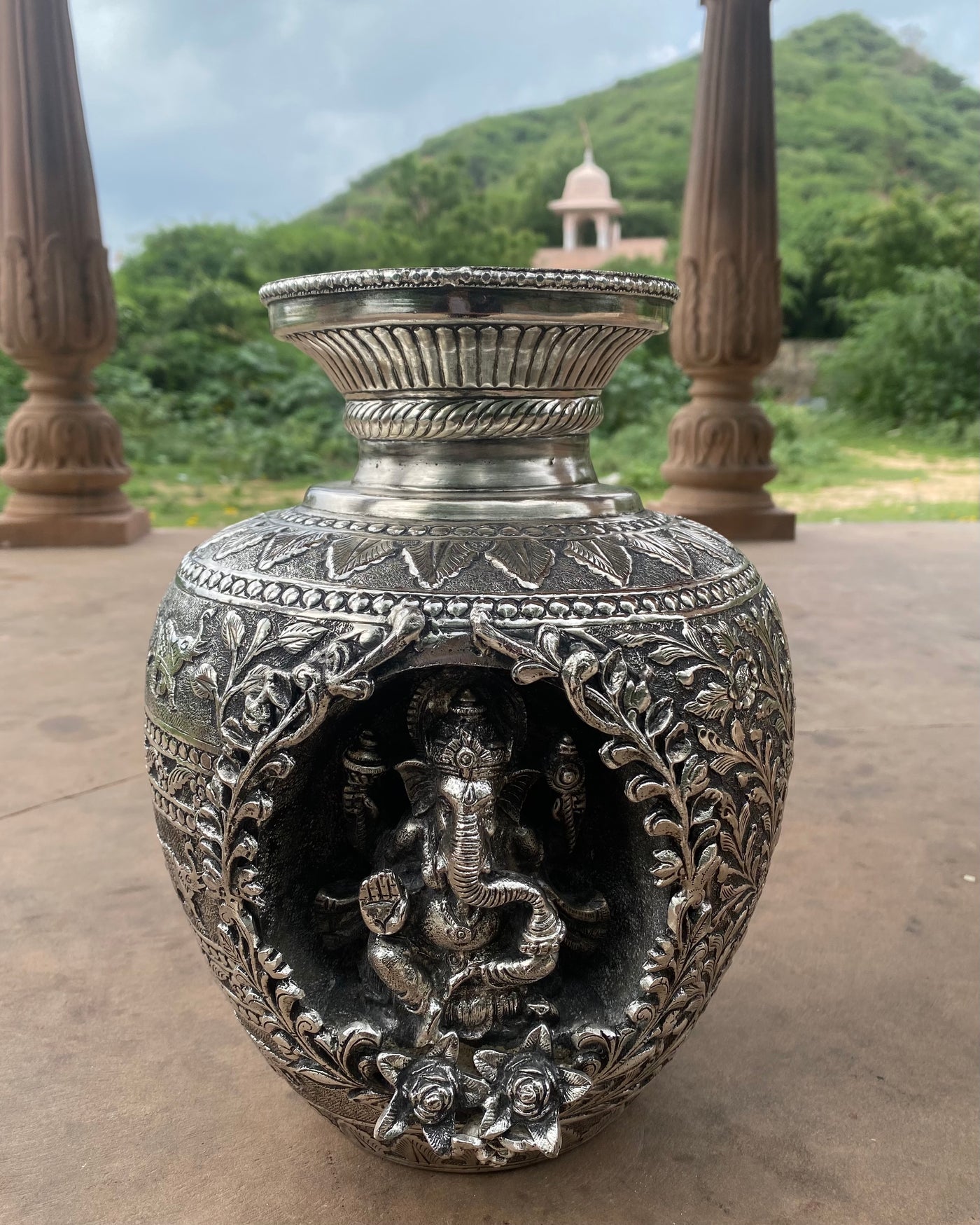 Silver Hand Carved Vase depicting Lord Ganesha and Goddess Laxmi