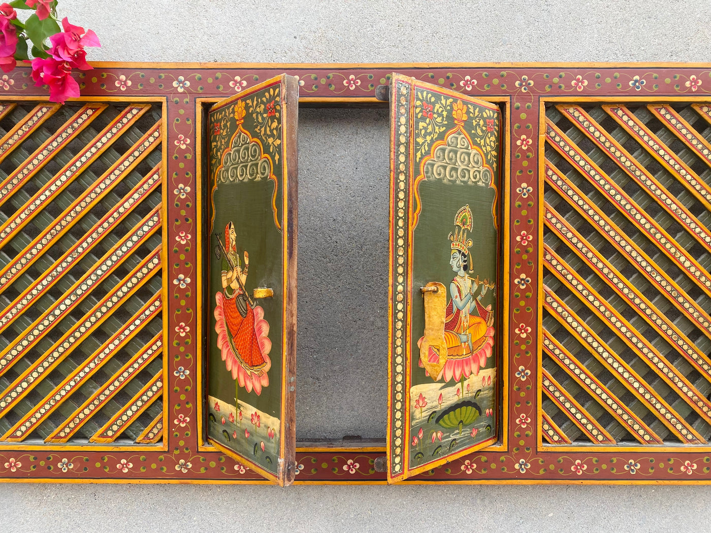 Handpainted Antique window with Radha and Krishna Painting