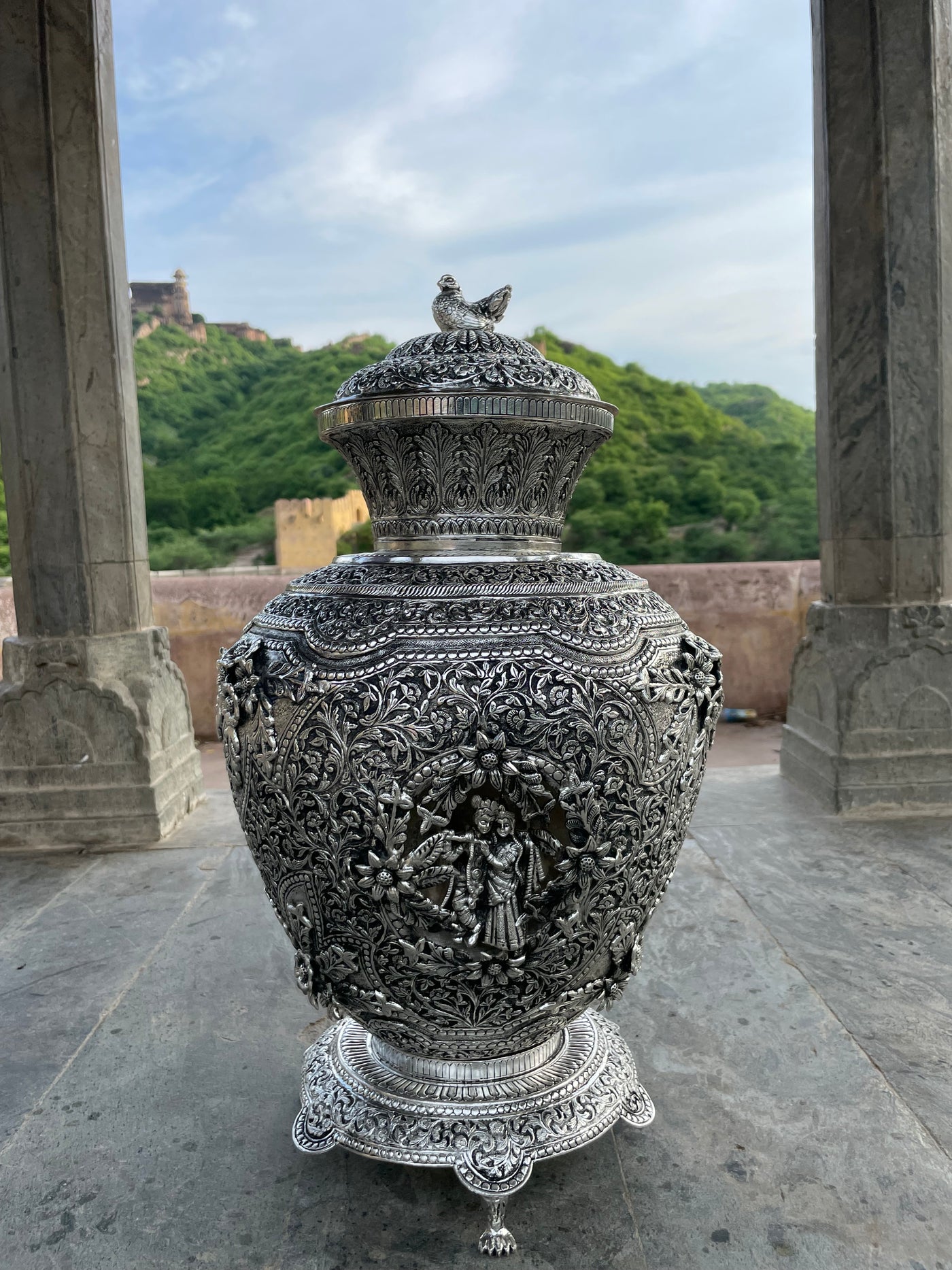 Copper-silver hand carved vase with Radha-Krishna portraits