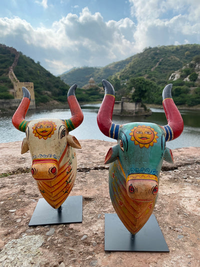 Hand Painted Wooden Cow/Nandi face on a stand