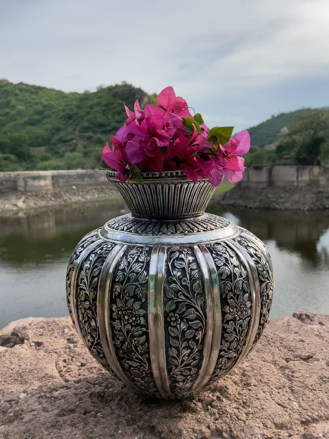 Copper Silver Hand Carved Vase with floral motifs