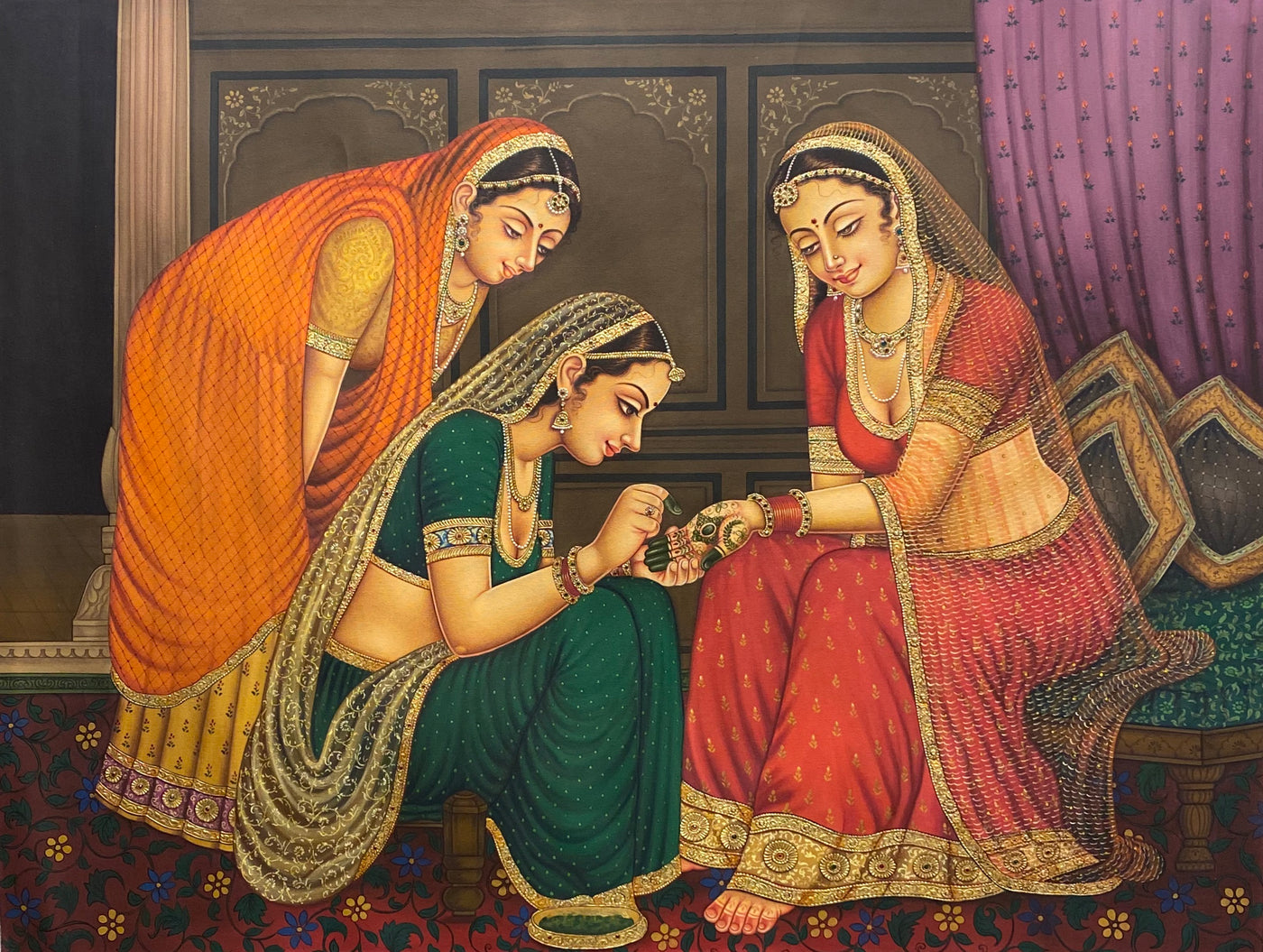 Lady applying Heena/Mehendi Hand made Painting on Canvas with real gold leaf work