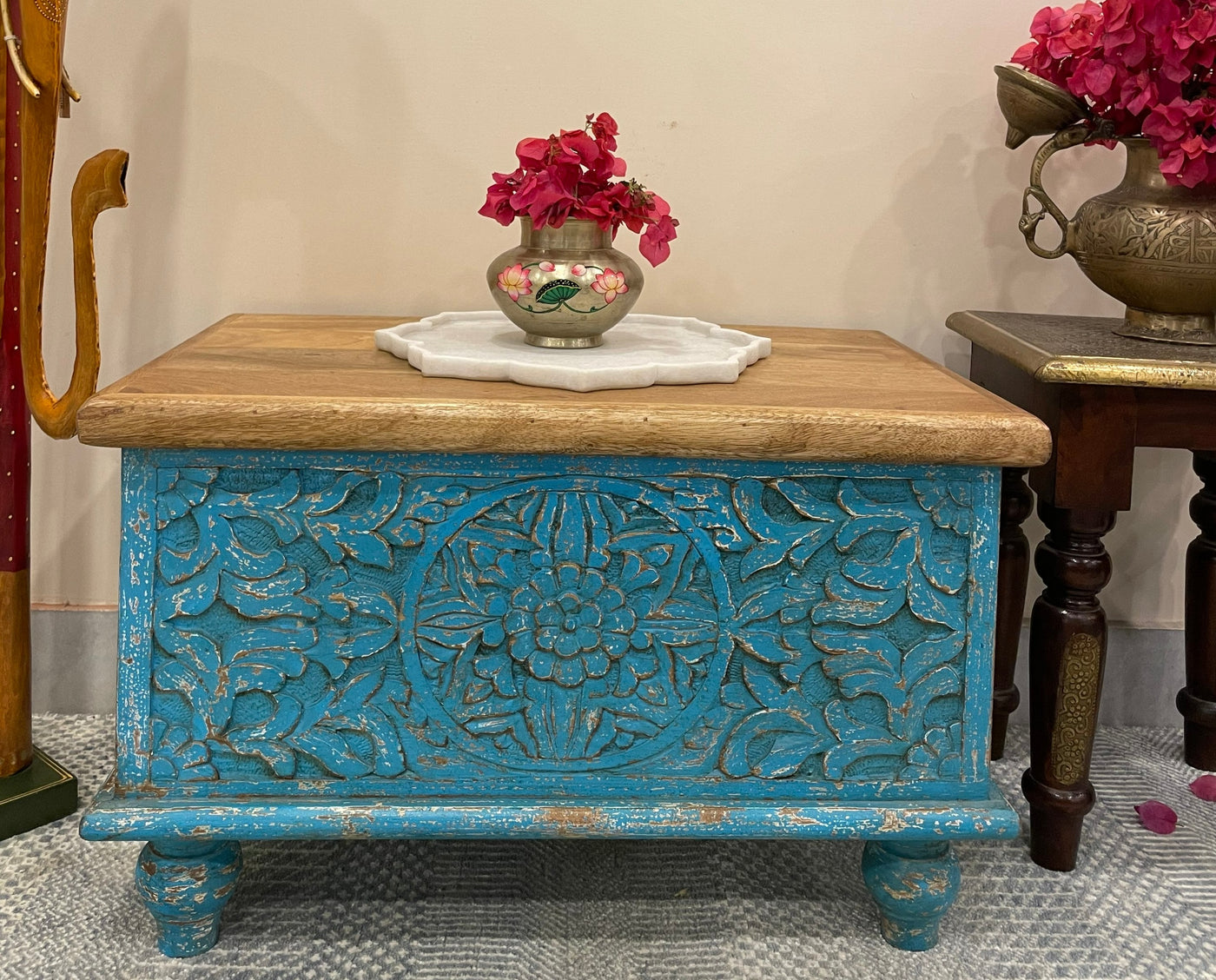 Hand carved small wooden storage trunk/chest