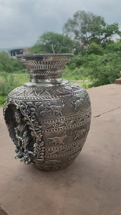 Silver Hand Carved Vase depicting Lord Ganesha and Goddess Laxmi