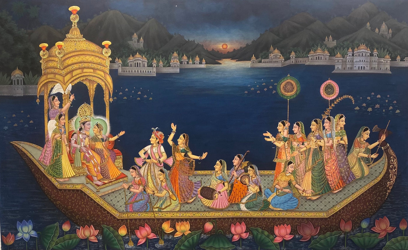 Radha and Krishna - Hand Made Canvas Painting with real gold leaf work