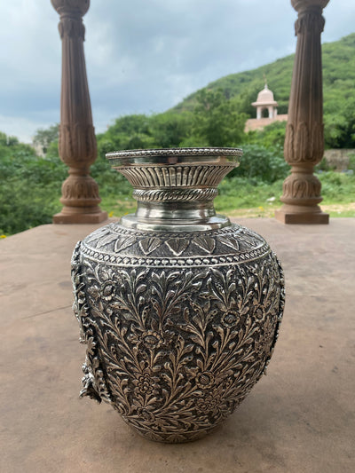 Silver Hand Carved Vase depicting Lord Ganesha and Goddess Laxmi