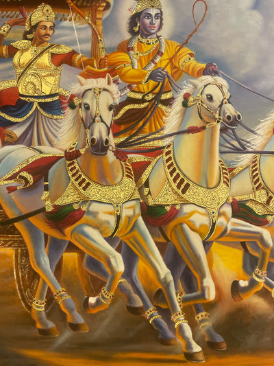 Mahabharata - Shri Krishna and Arjun Rath (Chariot) painting with real gold leaf work