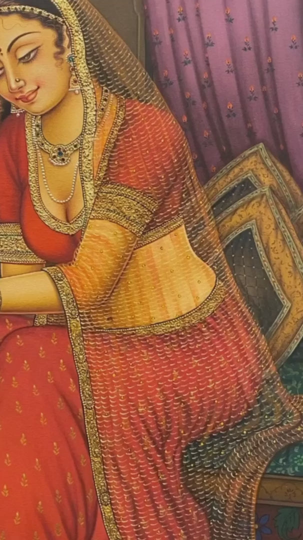 Lady applying Heena/Mehendi Hand made Painting on Canvas with real gold leaf work