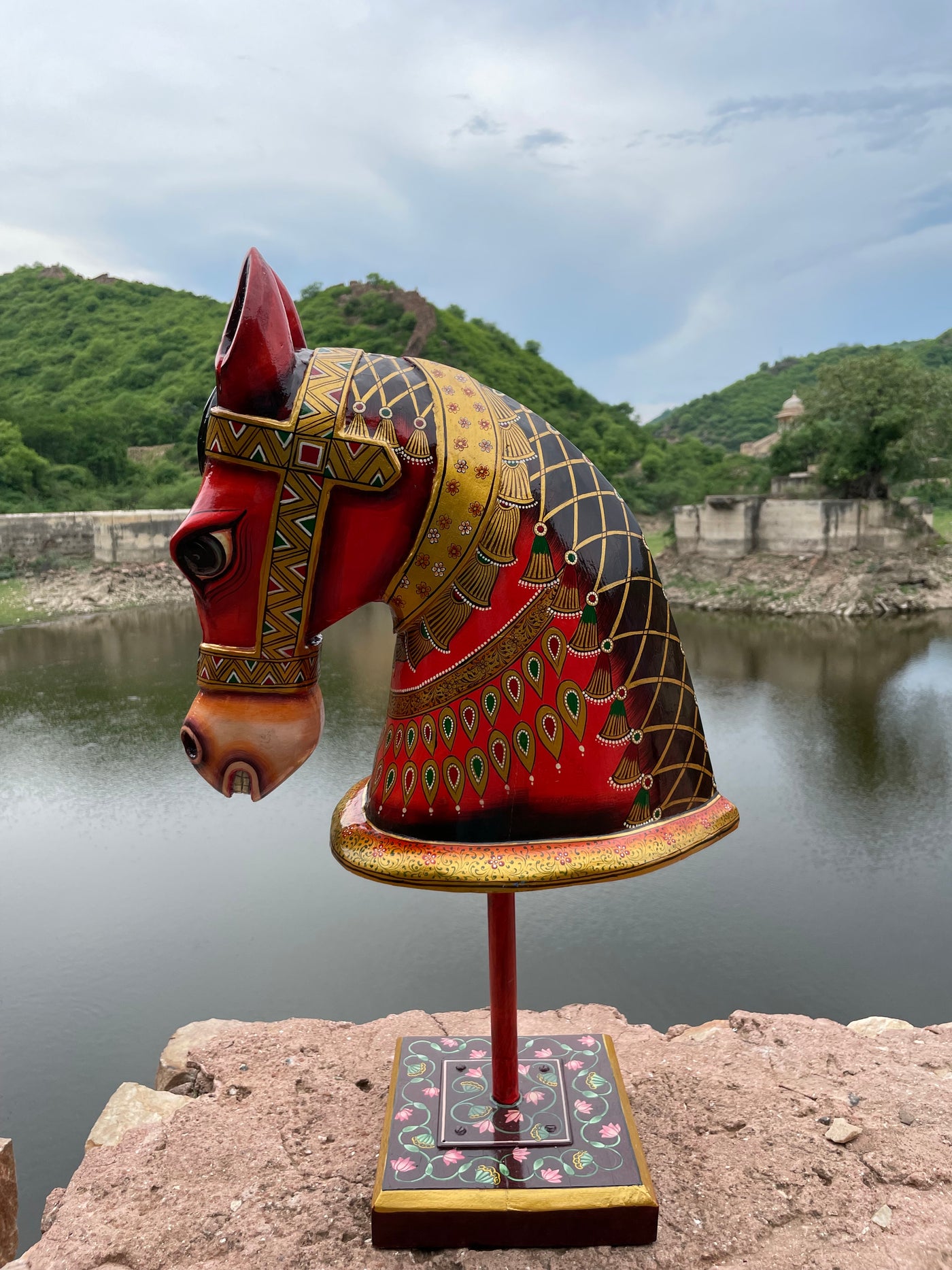 Hand Painted Wooden horse face on a stand