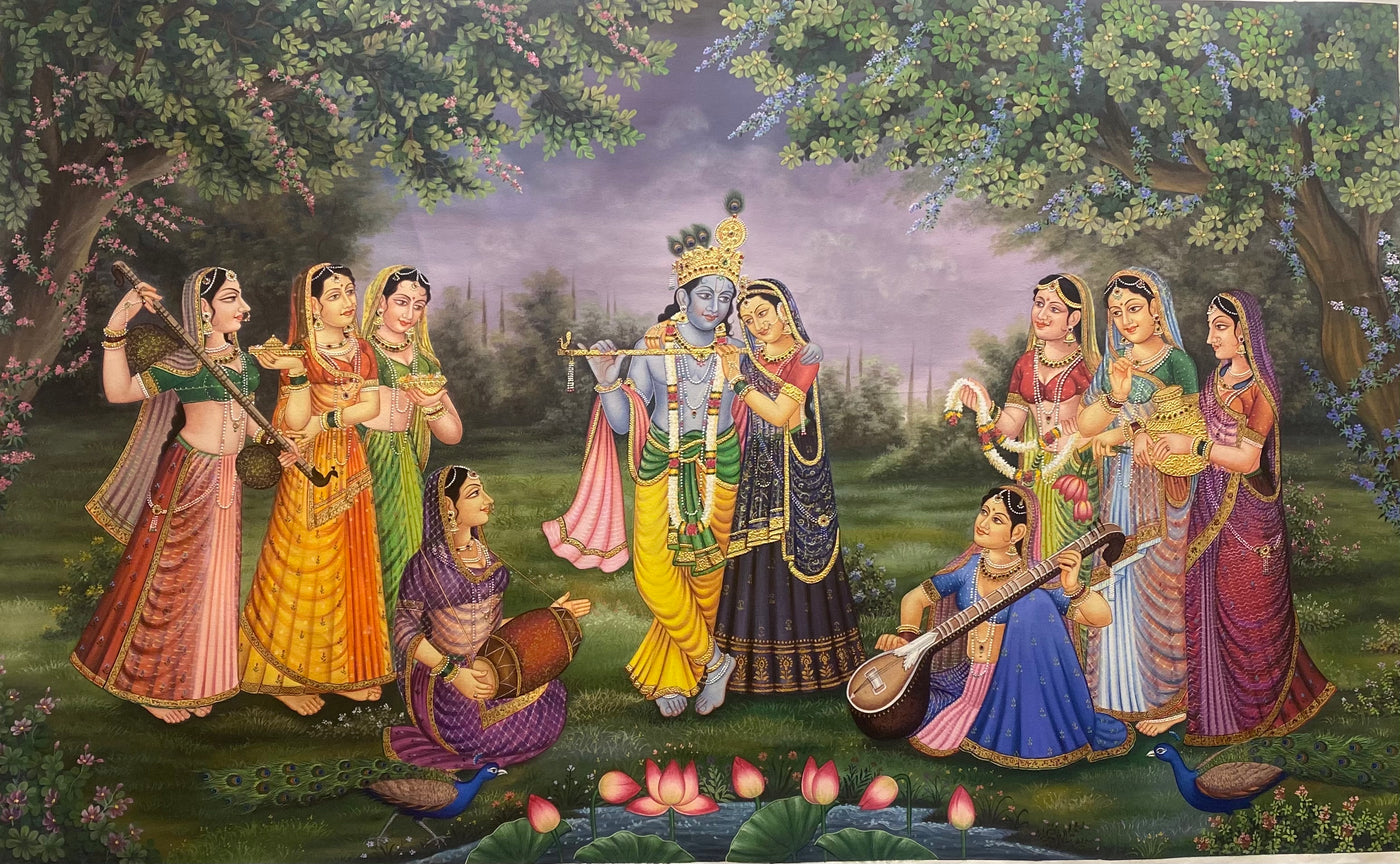 Radha and Krishna surrounded by Gopis- Hand Made Canvas Painting embossed with real gold leaf