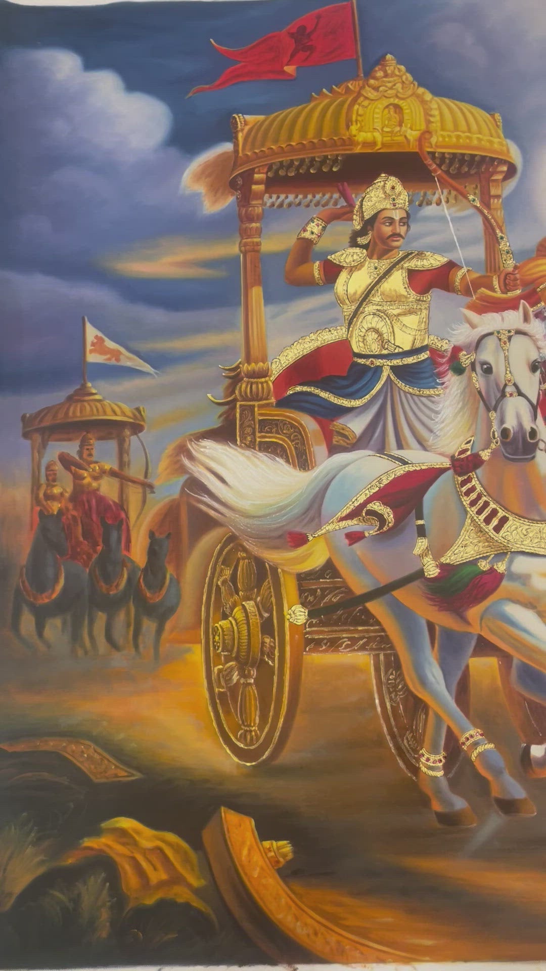 Mahabharata - Shri Krishna and Arjun Rath (Chariot) painting with real gold leaf work