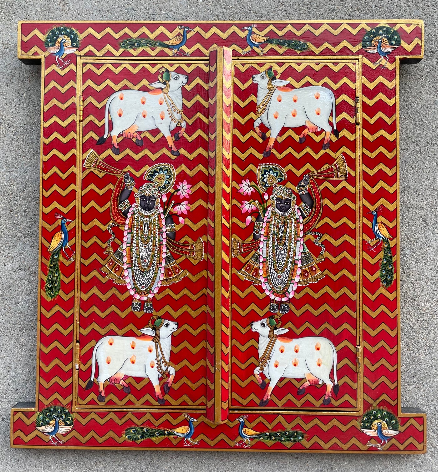 Window with Handpainted Shrinathji surrounded by cow motifs