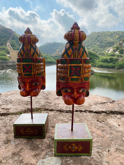 Hand Painted Wooden Lord Hanuman face on a stand