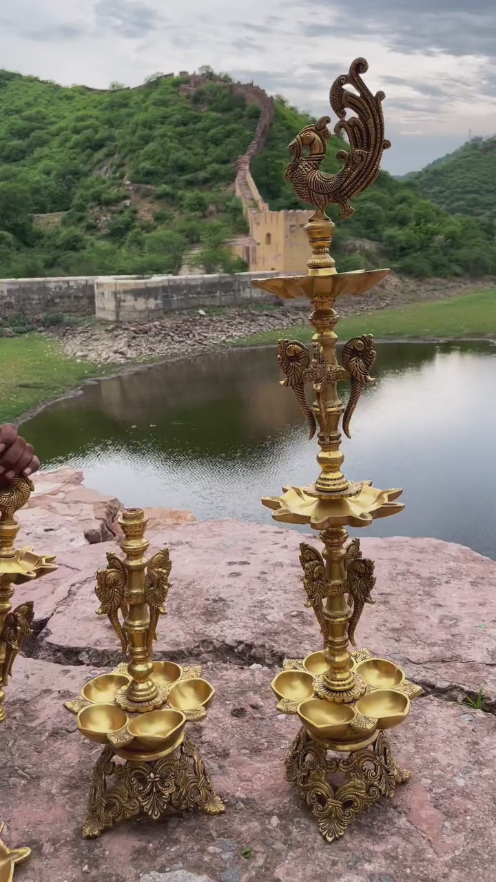 Set of 2 Peacock-Shaped Brass Oil Lamps | Durable Diyas for Pooja and Festivals