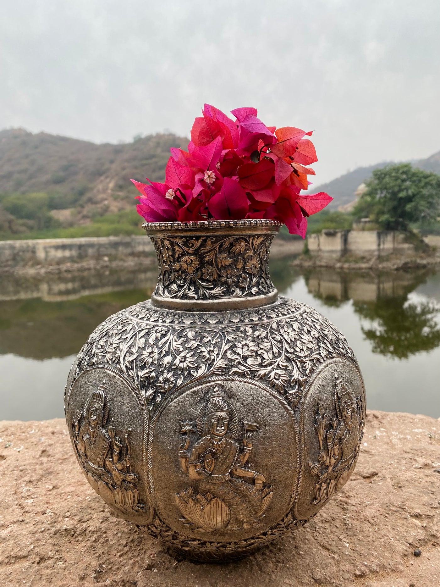 Silver Hand Carved Vase depicting Goddess Laxmi