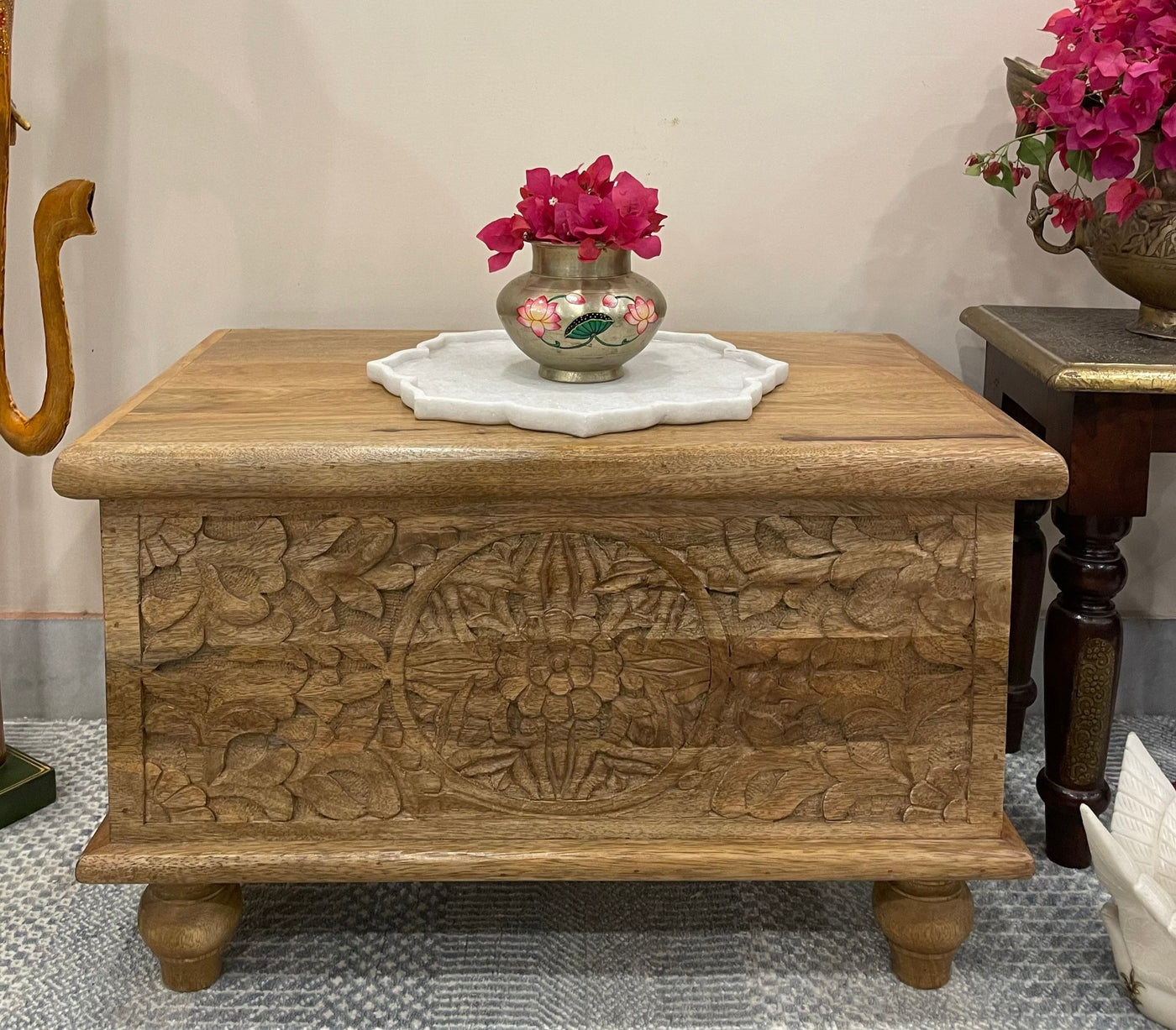 Hand carved small wooden storage trunk/chest