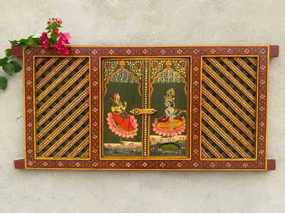 Handpainted Antique window with Radha and Krishna Painting