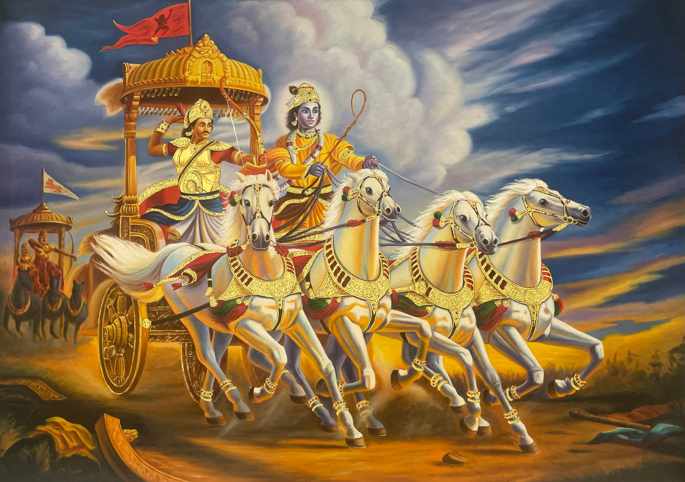 Mahabharata - Shri Krishna and Arjun Rath (Chariot) painting with real gold leaf work