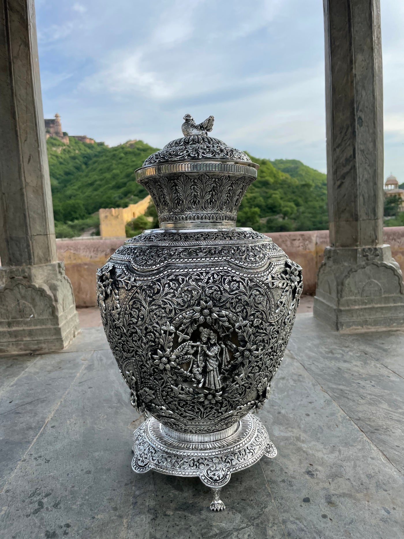 Copper-silver hand carved vase with Radha-Krishna portraits