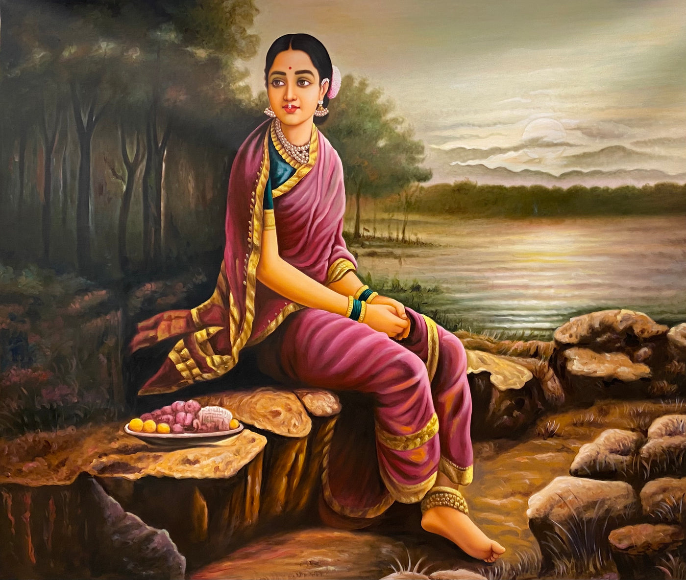 Lady in traditional Indian sitting alongside river- Hand Made Canvas Painting