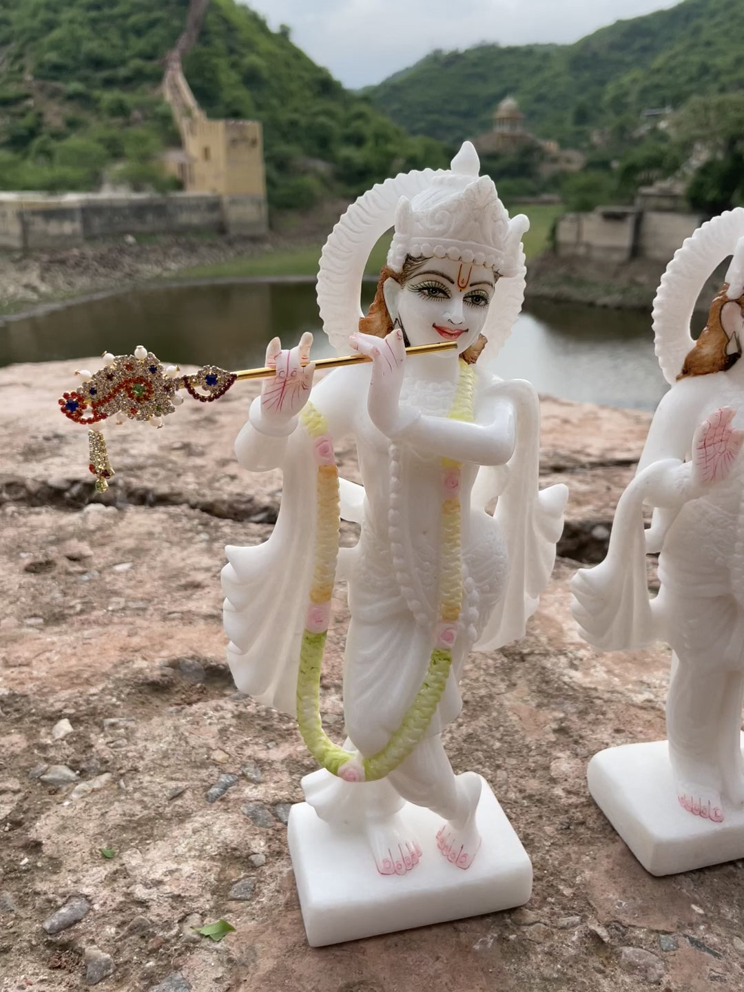 12 inches Radha Krishna pair idols in White Marble