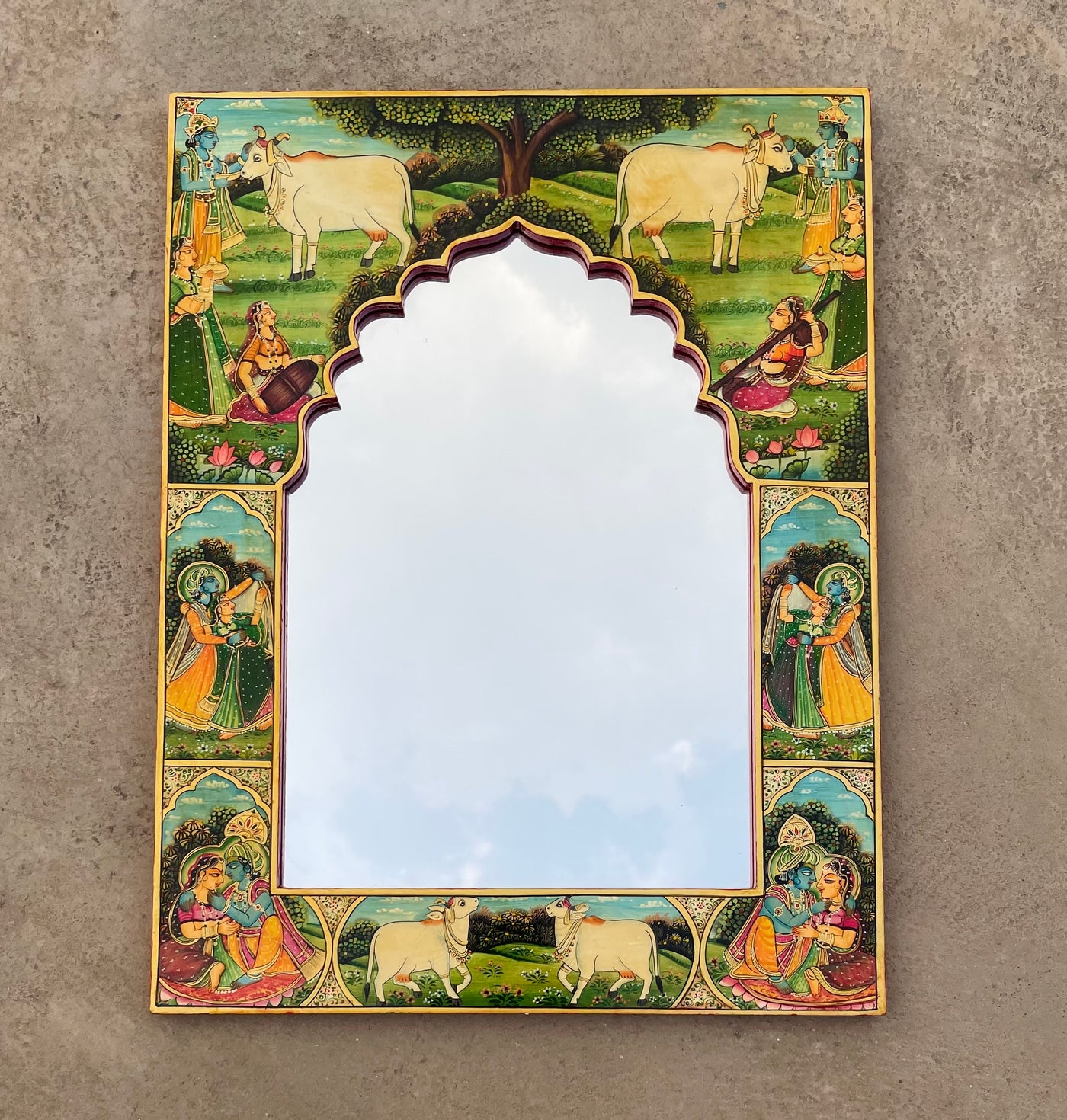 Hand painted Haveli Style Frame With Radha Krishna and Cow Motifs