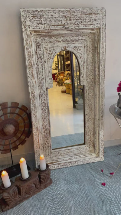 Hand carved long mirror in distressed finish