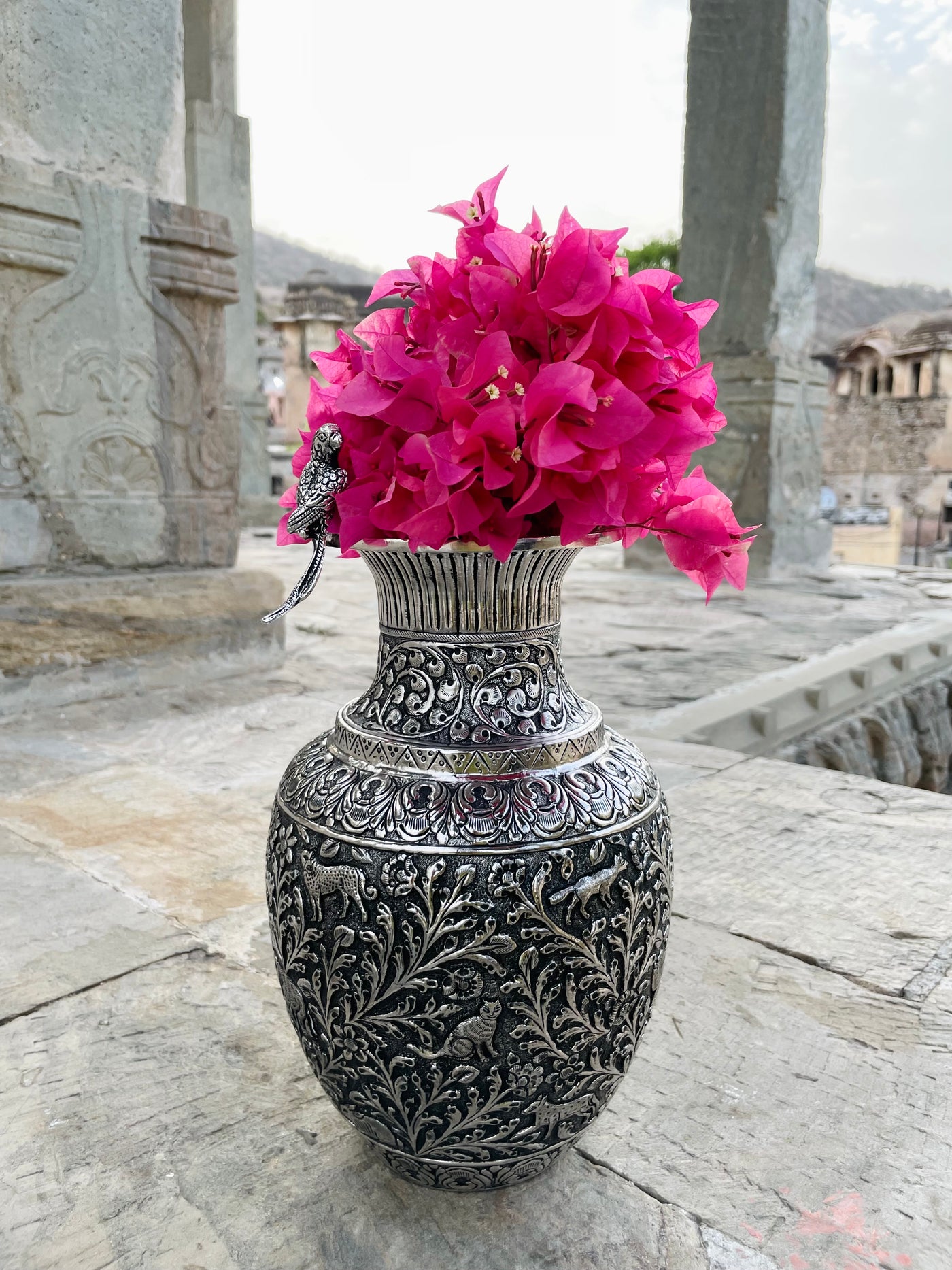 Copper Silver Hand Carved Vase with floral motifs