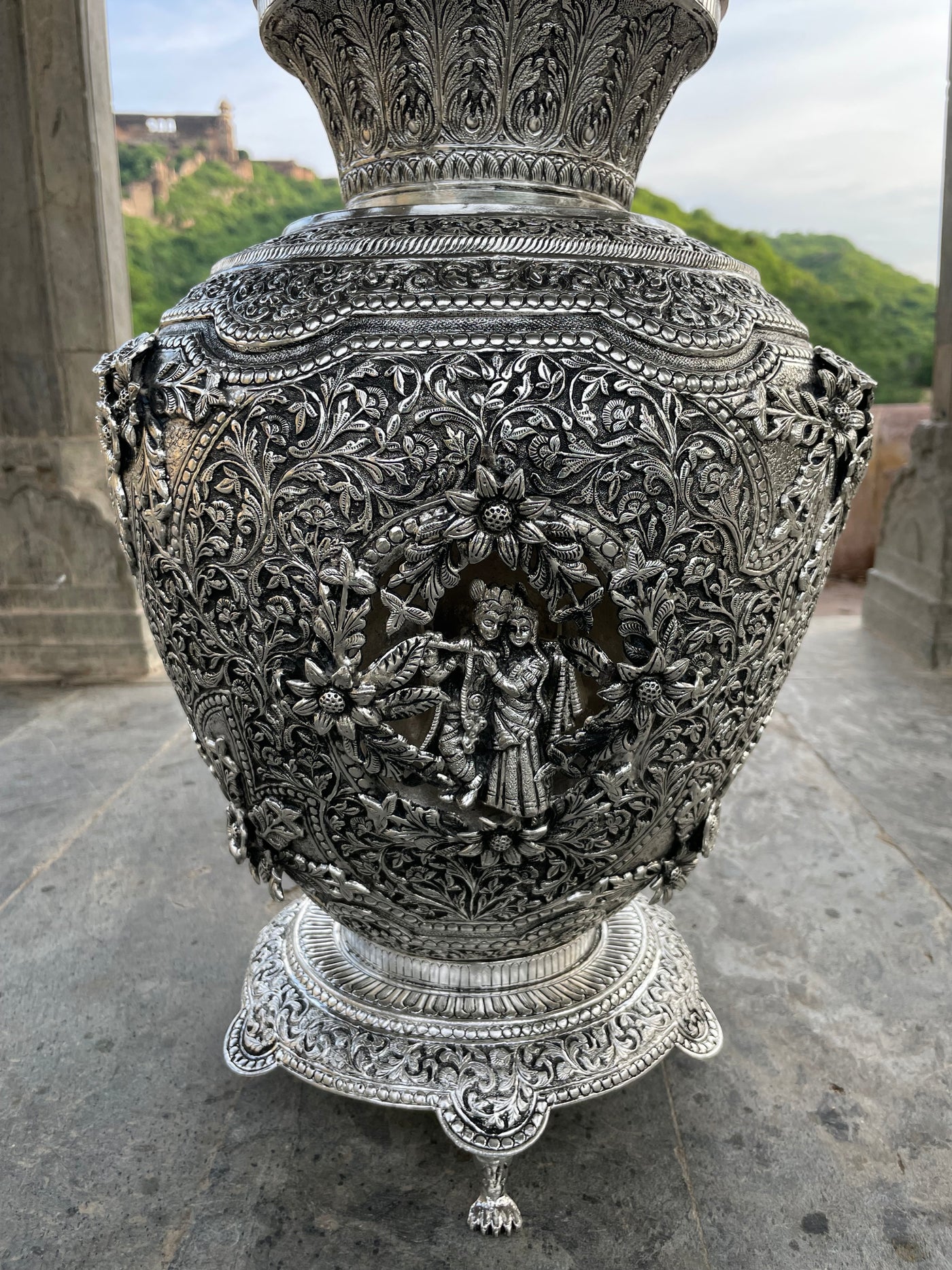 Copper-silver hand carved vase with Radha-Krishna portraits