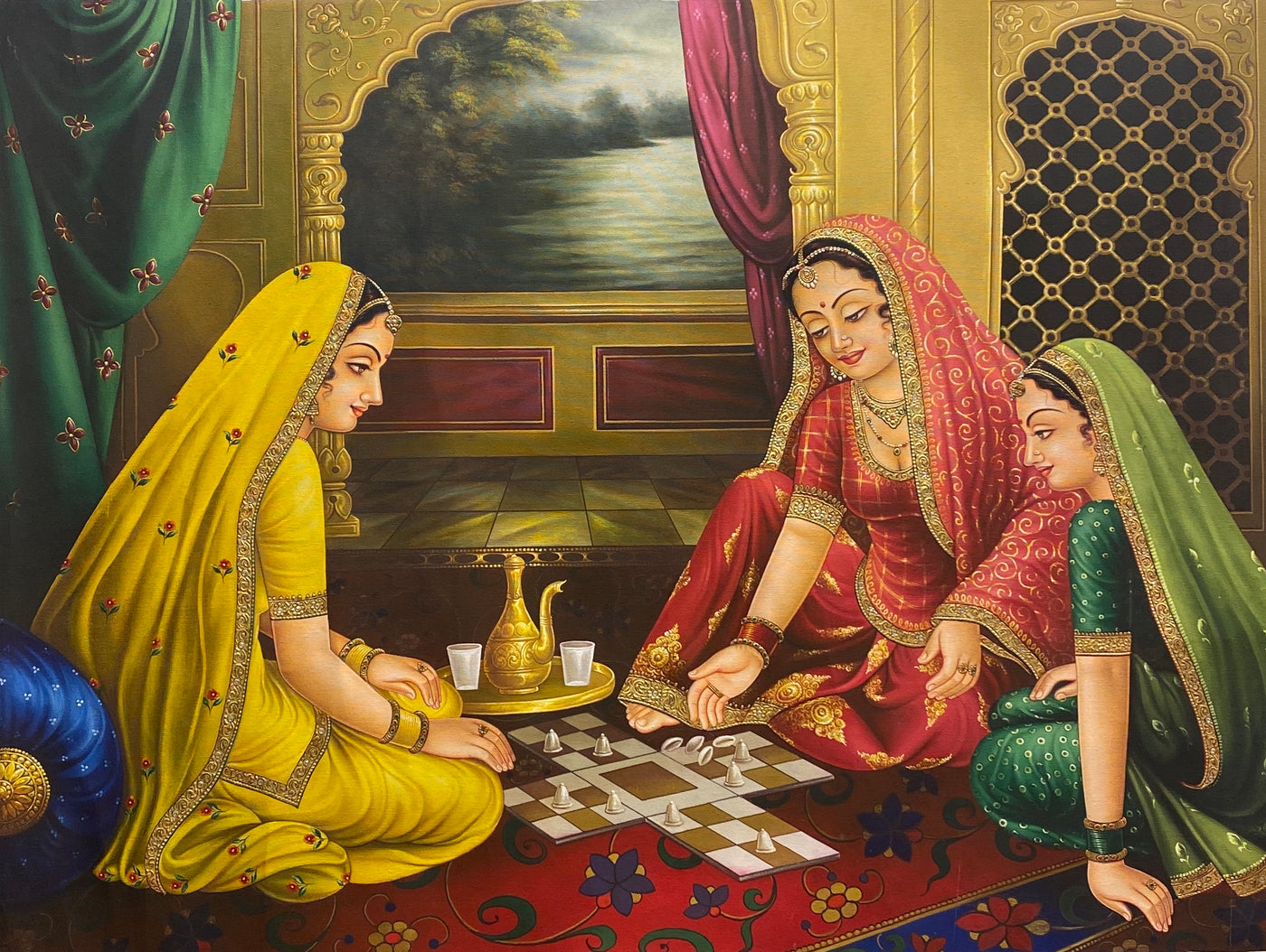 Ladies playing Chopad (Indian Board Game) - Hand made Painting on Canvas with real gold leaf work