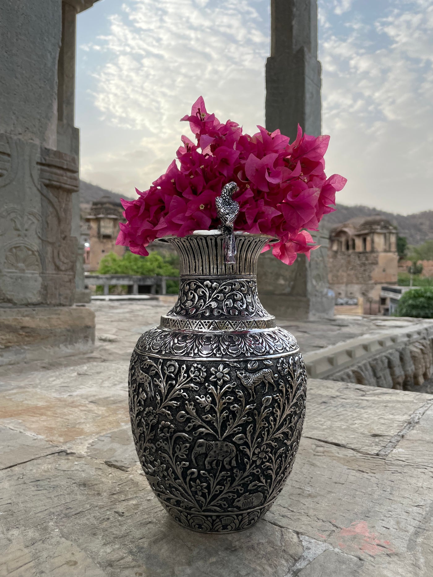 Copper Silver Hand Carved Vase with floral motifs