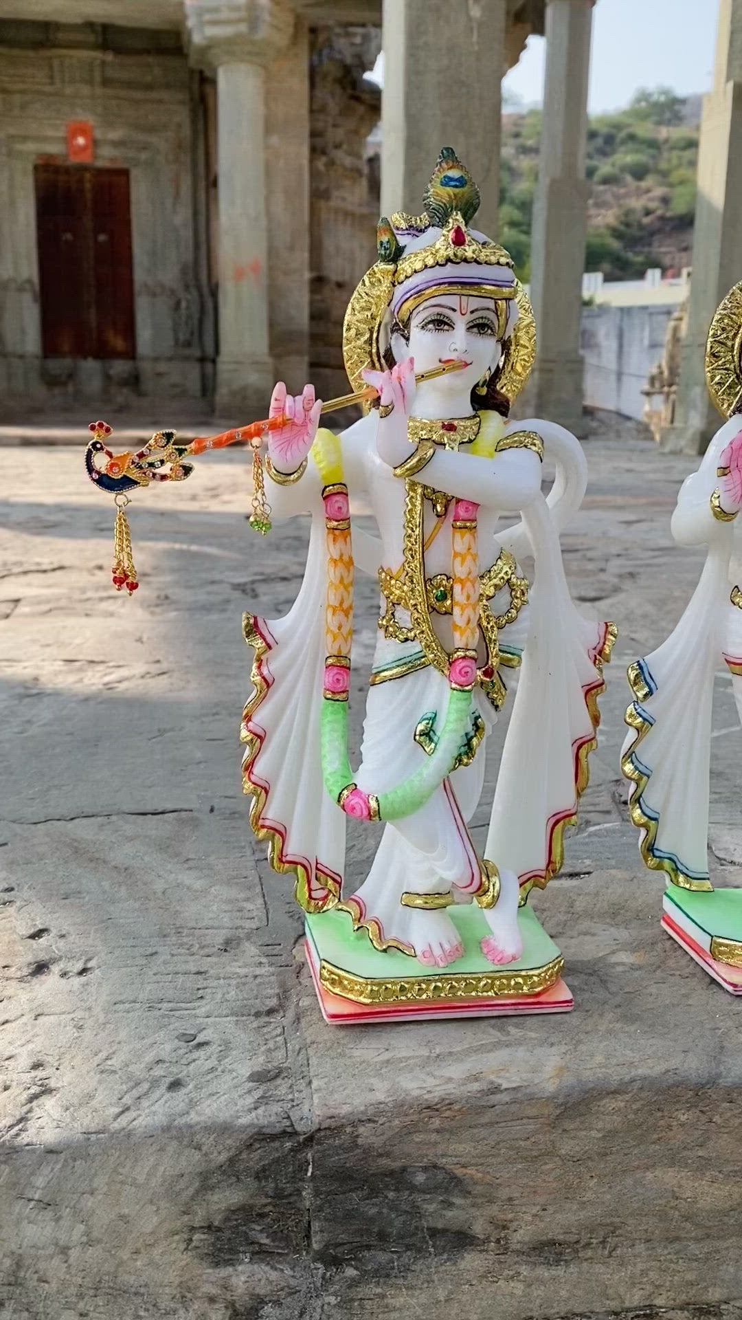 Pair of 12 inches Radha Krishna Statue in White Marble