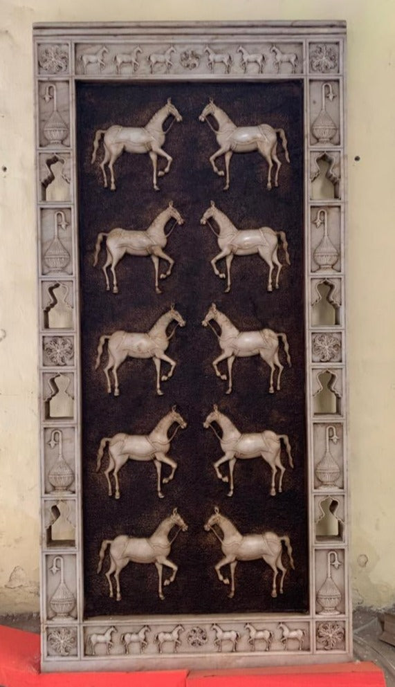 Intricately hand carved Marble Panel with horse motifs