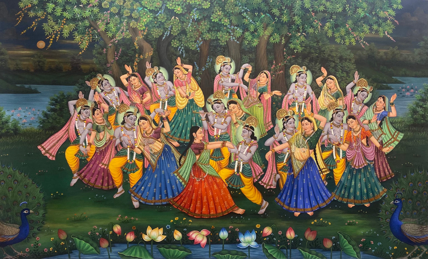 Radha and Krishna surrounded by Gopis- Hand Made Canvas Painting embossed with real gold leaf