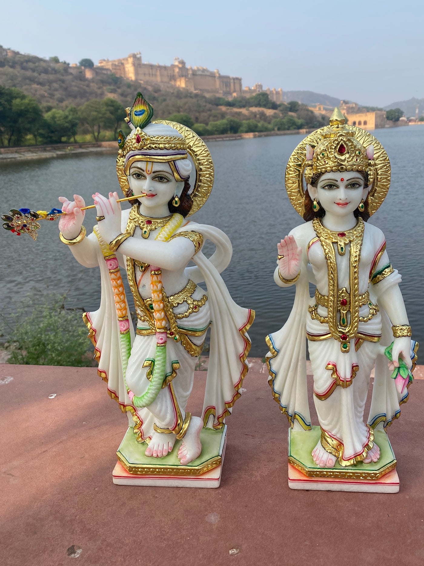 Pair of 18 inches Radha Krishna Statue in White Marble