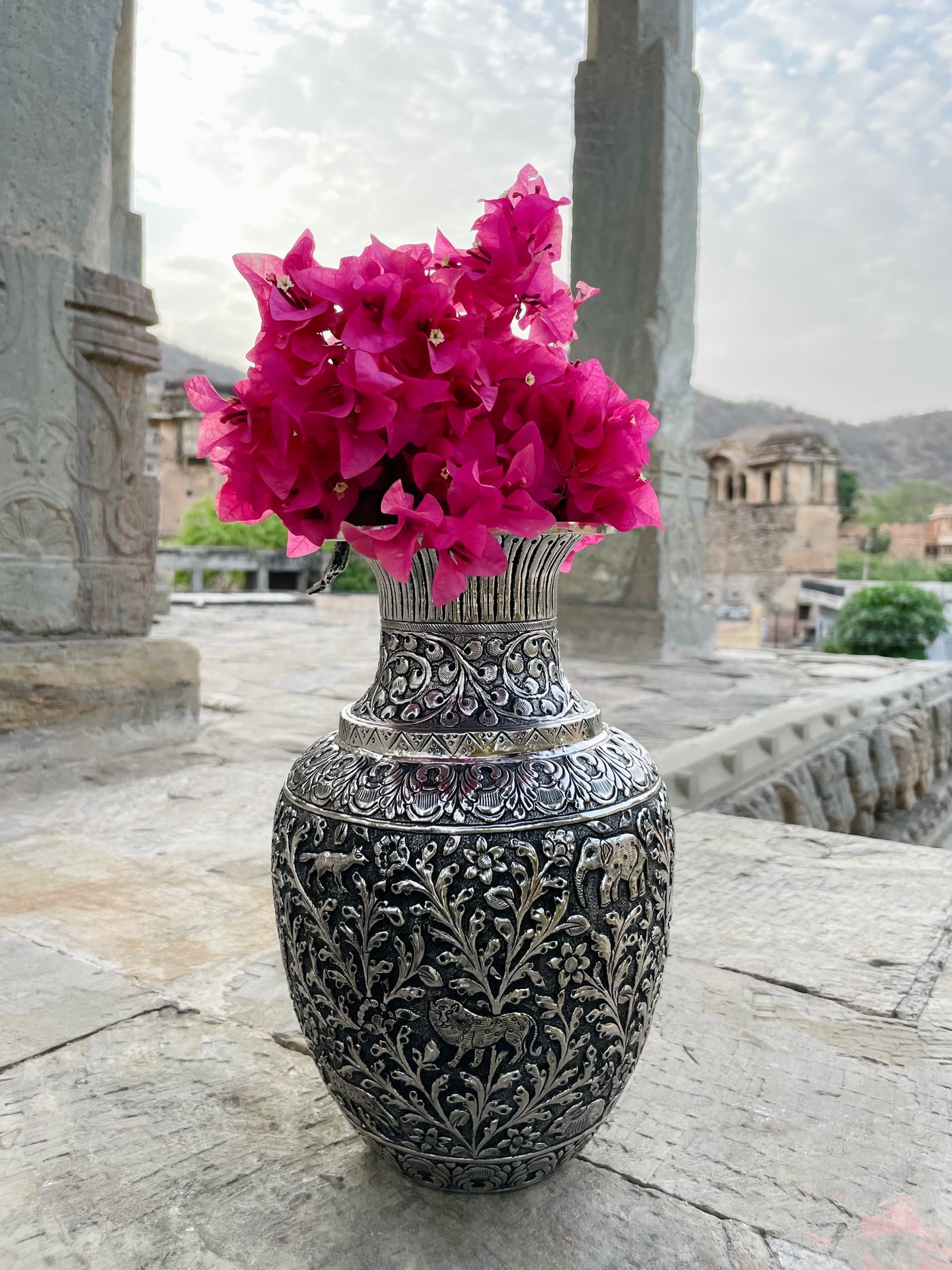 Copper Silver Hand Carved Vase with floral motifs