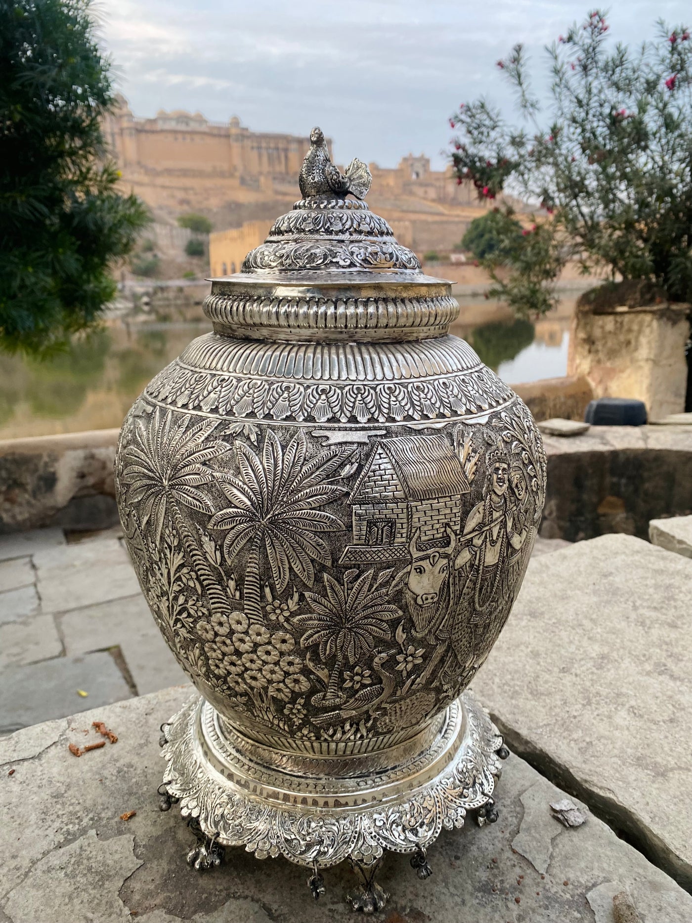 Silver Hand Carved Vase depicting Radha and Krishna