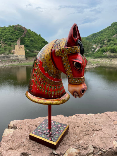 Hand Painted Wooden horse face on a stand