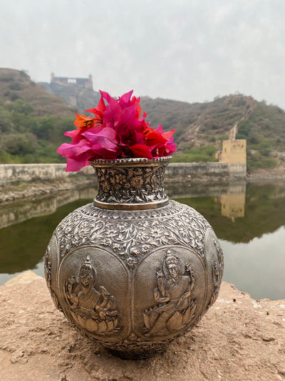 Silver Hand Carved Vase depicting Goddess Laxmi